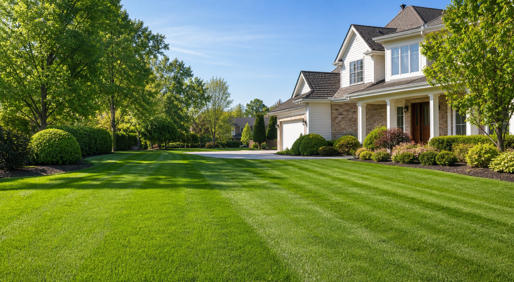 Freshly mowed green lawn in front of a tidy suburban home